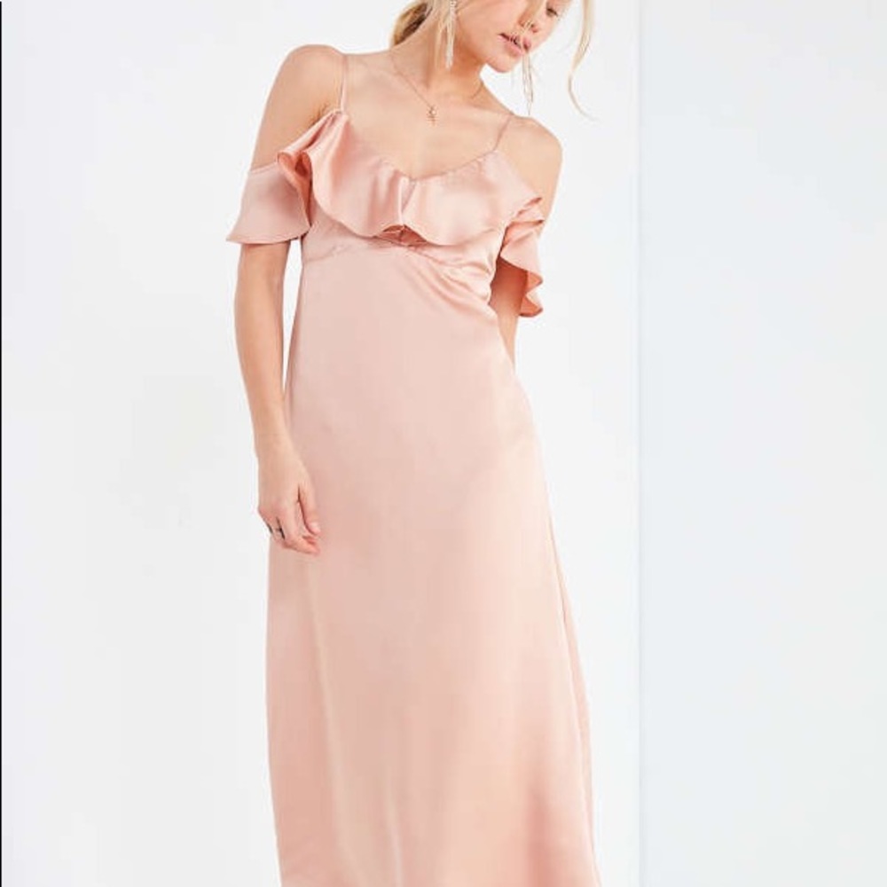 Urban Outfitters Satin Pink Ruffle Cold Shoulder Midi Wedding Guest Dress